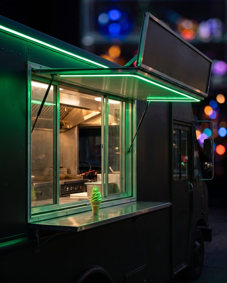 A food truck service window lit green at night with a pistachio soft serve cone on the counter