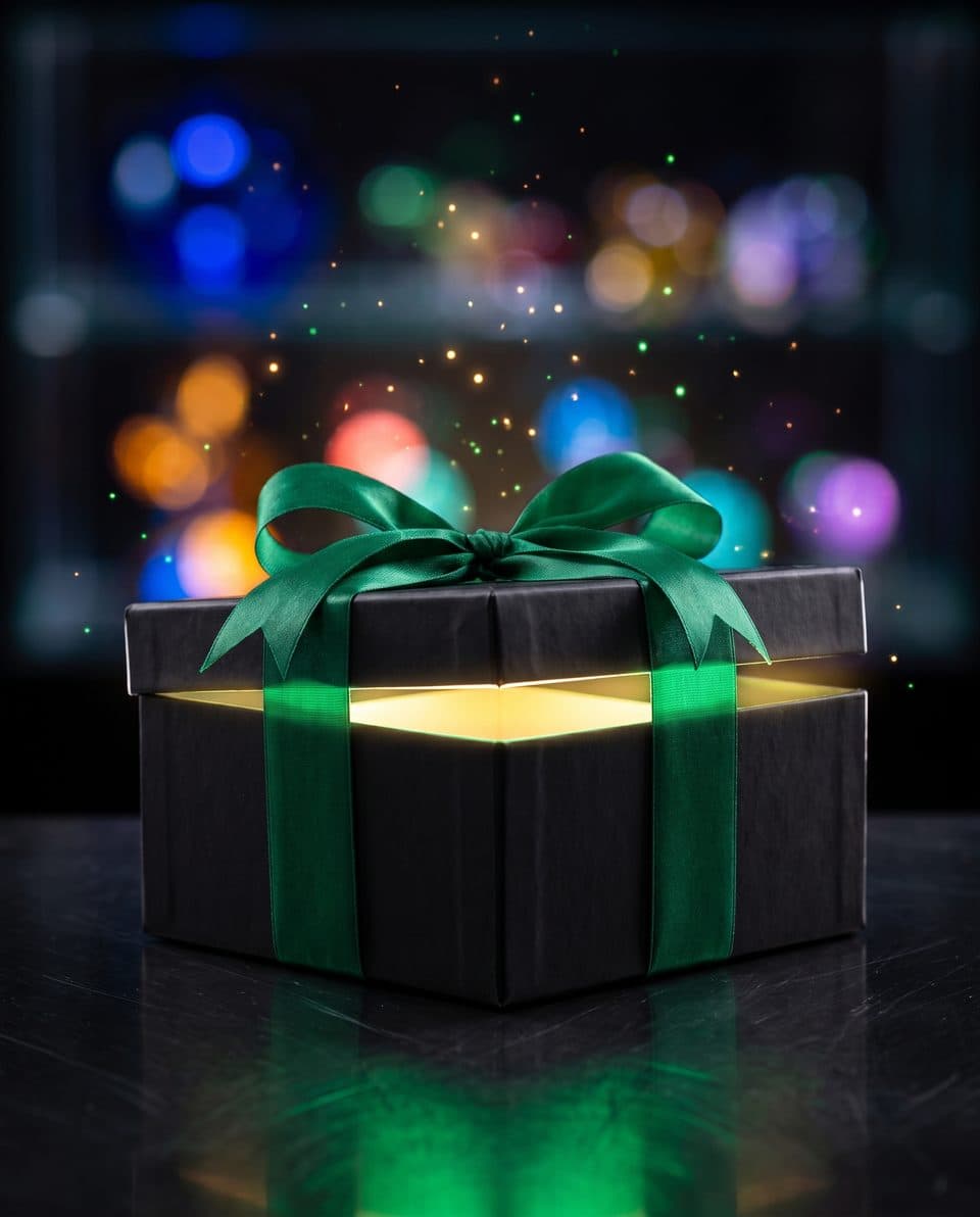 A black gift box with an emerald ribbon, its lid lifting as green light spills out