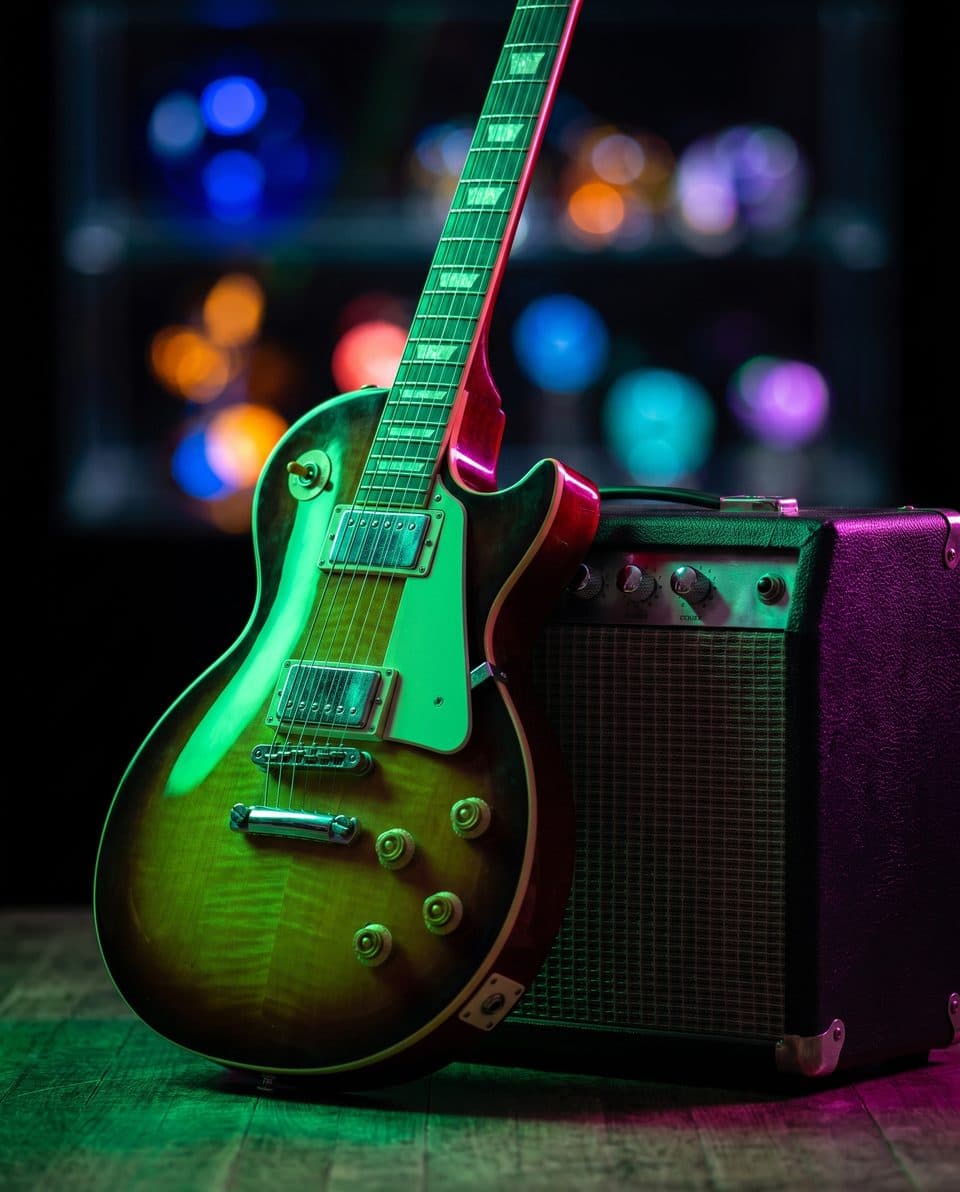 An electric guitar leaning on a tube amplifier under green and magenta stage light