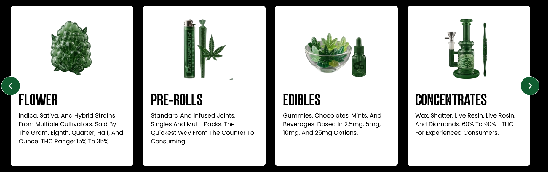 Cannabis product categories available at Cottonmouth Dispensary